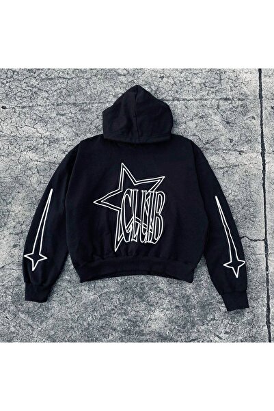 JANTIL MODA Black Unisex Oversize 3 Thread Raster Printed Hooded Sweatshirt w...