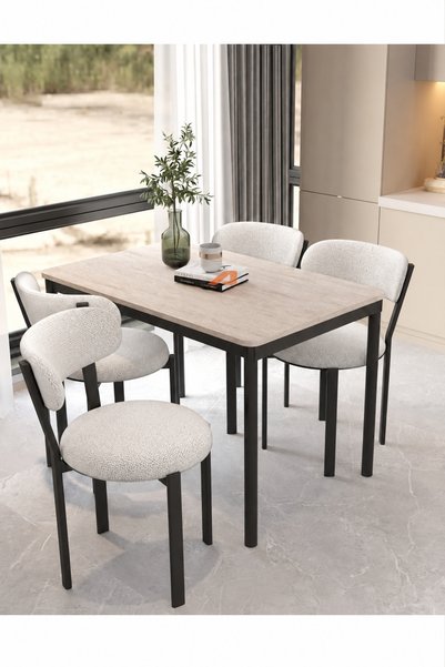 Aktehome Luna 4 Kişilik Mutfak Masa Sandalye Takımı 70x110 cm Traverten Beyaz