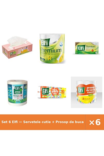 Elfi Set 6 — Servetele cutie + Prosop de bucatarie Pre + hartie igienica premium