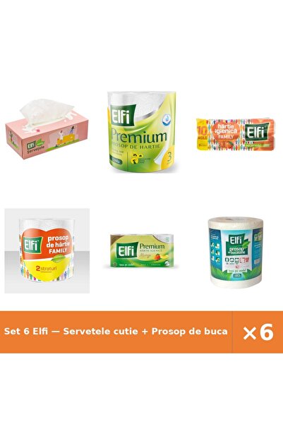 Elfi Set 6 — Servetele cutie + Prosop de bucatarie Pre + Hartie Igienica Family