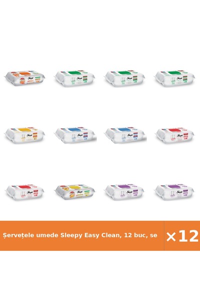 Sleepy Șervețele umede Easy Clean, 12 bucăți, set asortat: Alb, Bleach, Cireș...