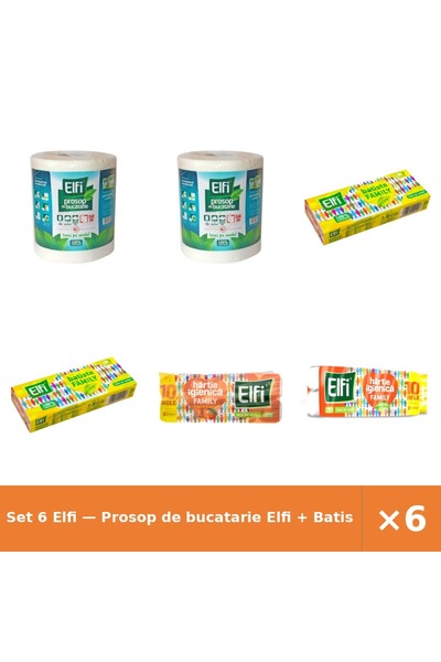 Elfi Set 6 — Prosop de bucatarie + Batiste nazale + Hartie Igienica Family
