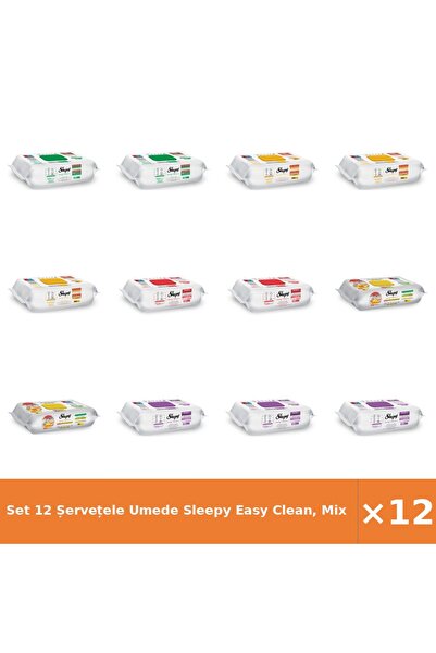 Sleepy Set 12 Șervețele Umede Easy Clean, Mix Alb, Herbal, Floare de cireș, O...