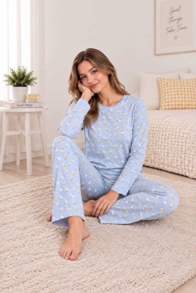 Sude HOMEWEAR Mavi Yumurta Desenli Basic İnce Örme Pijama Takımı