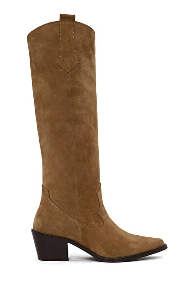 Derimod Women's Tan Thick Heeled Suede Leather Cowboy Boots Af170005Ds