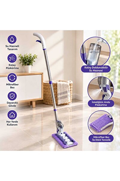 ÇEMİ Püskürtmeli Su Hazneli Sprey Mop Temizlik Seti - Mikrofiber Bezli Yer Yı...