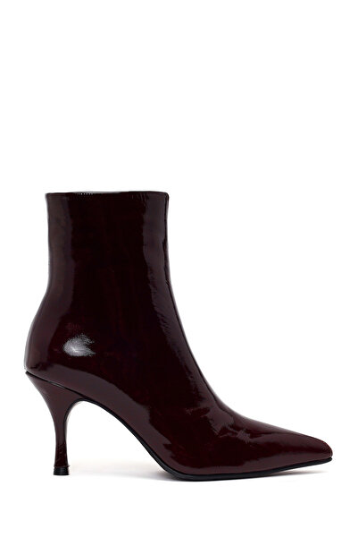 Derimod Women's Burgundy Zippered Thin Heeled Patent Leather Boots Af200022Dr