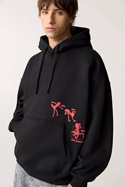 JANTIL MODA Black Unisex Oversize 3 Thread Raster Printed Hooded Sweatshirt w...