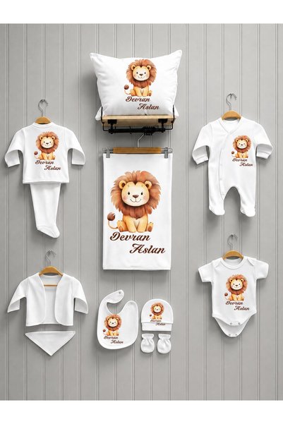 babyqold Kişiye Özel İsimli Aslan Desenli Bebek Seti – Sevimli Aslan Temalı Yenidoğan Bebek Hastane Çıkışı ve Hediye Seti