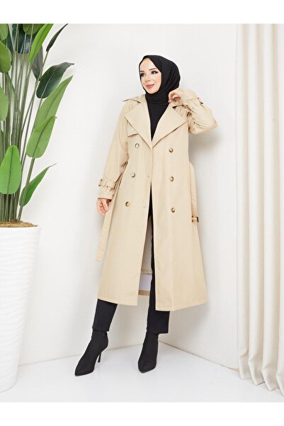 FRESH FASHION معطف طويل نسائي مزدوج الصدر مزين بالأحجار مع رباط عند الخصر