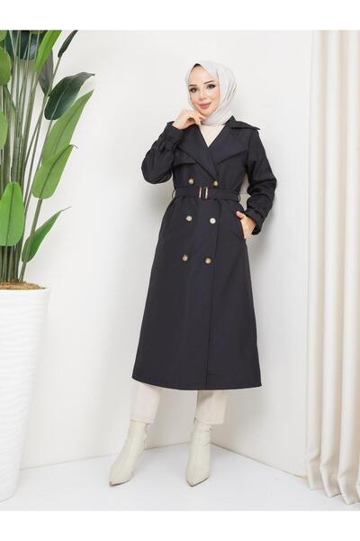 FRESH FASHION معطف طويل نسائي أسود مبطن بحزام خصر وياقة مزدوجة