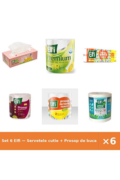 Elfi Set 6 — Servetele cutie + Prosop de bucatarie Pre + Hartie Igienica Family