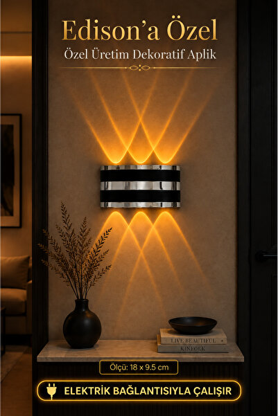 Edison 220V Elektrikli LED Duvar Apliği Gümüş Detaylı Amber Işık Çift Yönlü D...