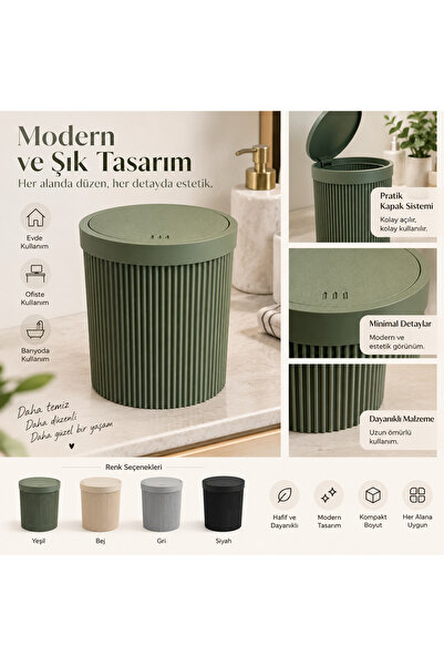 linova TModern Çizgili Plastik Çöp Kovası – Kapaklı Dekoratif Mini Çöp Kutusu