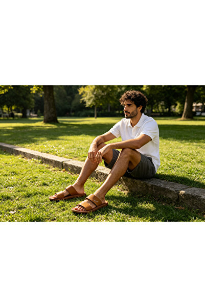 Huanhuan Shoe شبشب رجالي كاجوال مسطح من الجلد الصناعي بحزامين، مناسب للشاطئ و...