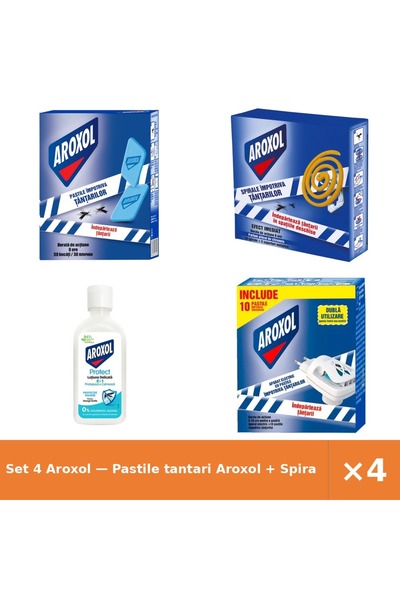 Aroxol Set 4 — Pastile tantari + Spirale impotriva tantarilor + Lotiune delic...