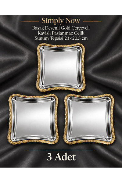 Simply Now Başak Patterned Gold Framed Curved Stainless Steel Presentation Tr...