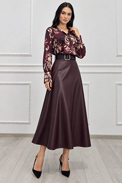 FashionForYou Разкроена пола Клементина, миди дължина и с включен колан, Борд...