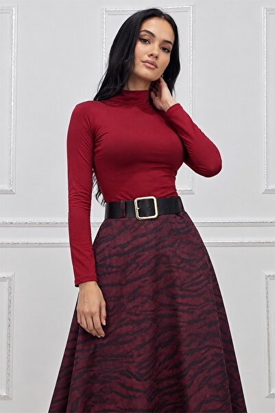 FashionForYou Midi skirt Chantaly, with a velvety look and black belt, Burgun...
