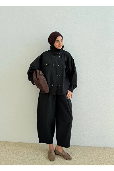 MODA AKSA ÇİFT ÇITÇIT DETAYLI GÖMLEK TAKIM SİYAH