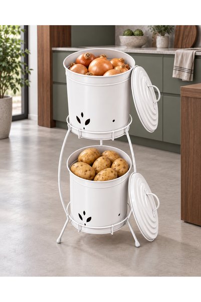 Simply Now VİKTOR Patates Soğan Saklama Kovası 2 Katlı Metal Standlı Kapaklı ...