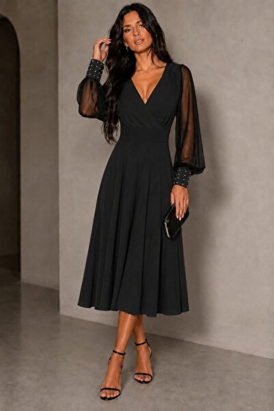 Kokosh moda Γυναικείο μακρυμάνικο φόρεμα με διπλό γιακά, με λεπτομέρεια από τ...