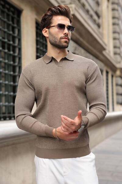 Madmext Light Brown Polo Collar Textured Men's Knitwear Sweater E7511