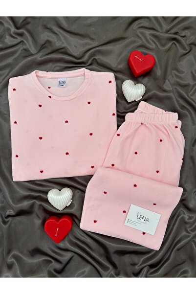 Lena Homewears Pembe Kalp Desenli Uzun Kollu Waffle Pijama Takımı