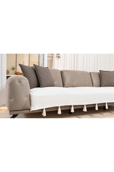 Doğa Tasseled Shawl Model Cream Sofa Cover 100X230 |   100% Cotton Knitted, N...
