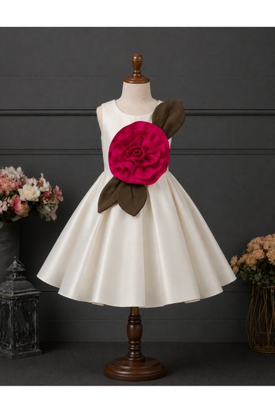 Daddy's Angel Girls Scuba Fabric Rose Flower Party Dress Princess 3D Floral Appliqué, Special Occasion Wear, Pleated Skirt, Off-Shoulder Style, Toddler & Girls