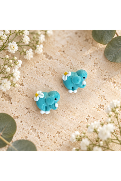 ADAMODART Handmade Murano Glass Blue Flower Elephant Beads (2 Pieces)