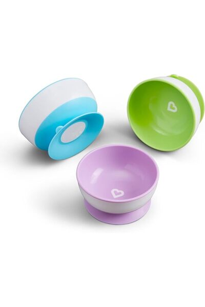 Munchkin Stay Put Suction Bowls (Yellow, Green, Blue), suction base, spill co...