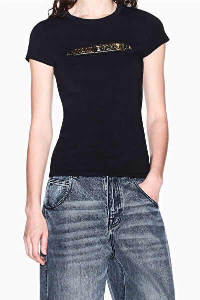 Armani Exchange تي شيرت نسائي برقبة دائرية باللون الأسود