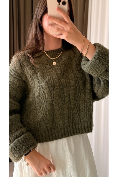 Hepsi Moda Kabarık Örgü Desenli Triko Crop - Haki