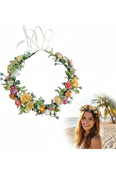 KASTWAVE Rose Flower Crown Headband with Ribbon, Bohemian Floral Wreath for W...