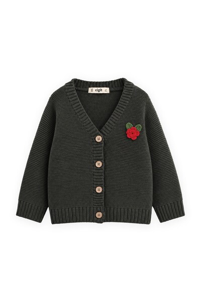 Cigit V-Neck Links Rose Cardigan 2-7 Years Khaki Green