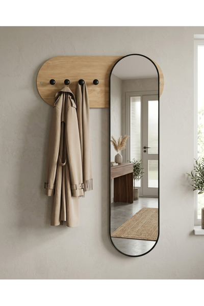 PLUS40 Wall-Mounted Full-Length Mirror with Clothes Rack and Wooden Background