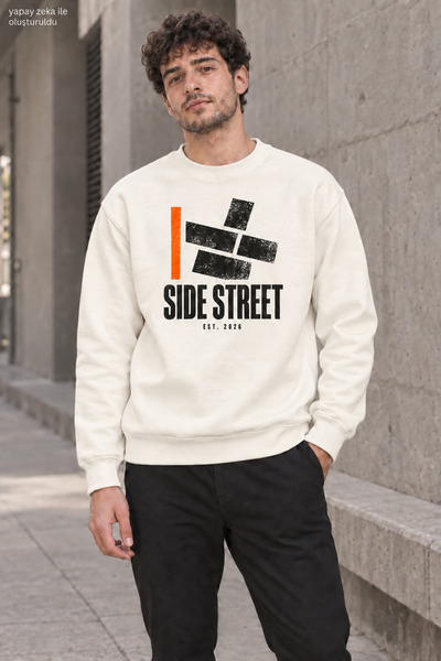 caddekombin Men's Side Street Lettered and Orange Line Detailed Crew Neck Cas...