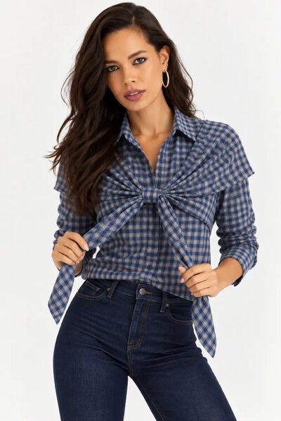 Cool & Sexy Women's Blue Plaid Patterned Long Sleeve Shirt with Tie Detail