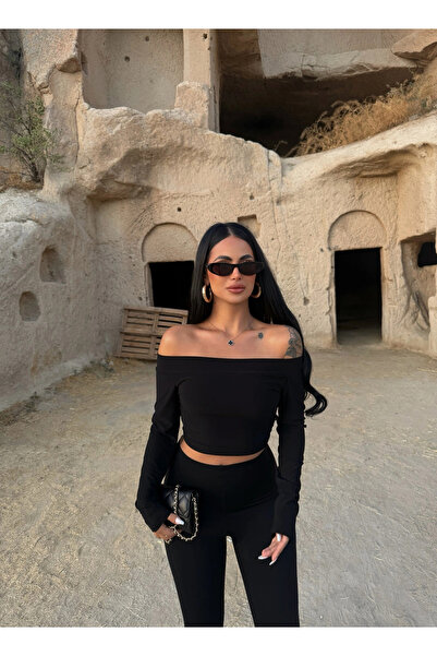 kırmızı butiks Black Folded Basic Madonna Crop