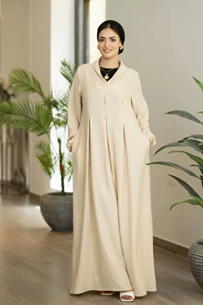 Forhunna Elegant Beige Ketan Maxi Dress with Pleated Front and Long Sleeves