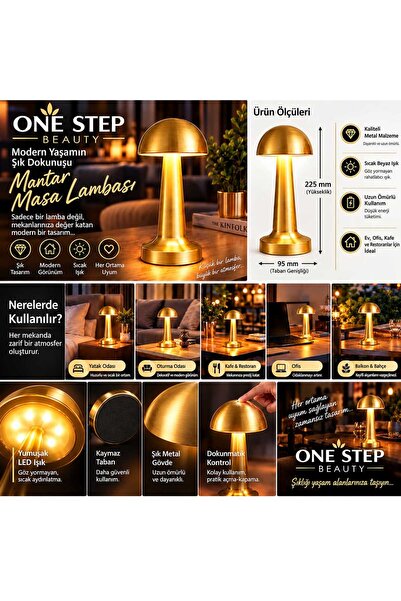 One Step Beauty Mantar Masa Lambası Altın Renk Gold Kasa