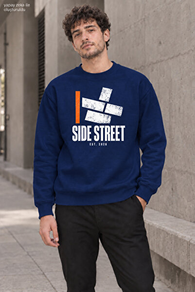 caddekombin Men's Side Street Lettered and Orange Line Detailed Crew Neck Cas...