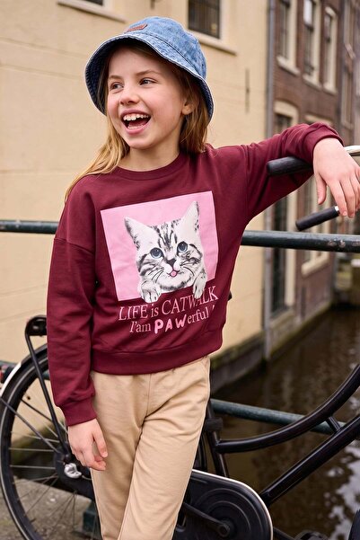 Fulla Moda Cat Printed Crew Neck Oversize Sweatshirt