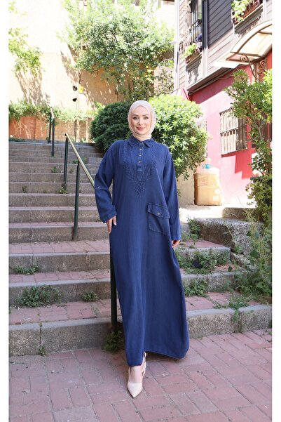 NİSUM MODA فستان من الكتان مع جيوب مطرزة في الأمام