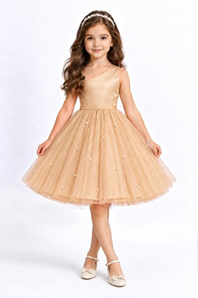 SUNEH Girl's One Shoulder Short Dreamy Tulle Special Occasion Dress with Pearls