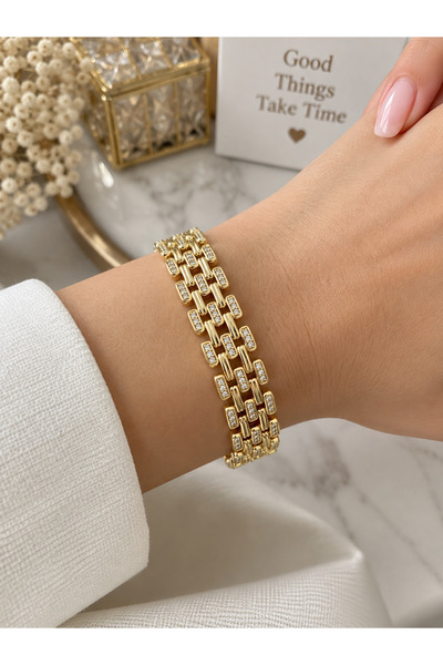 XUPİNGS JEWELRY Xuping Gold Color Stone-Embellished Wide Chain Women's Bracel...