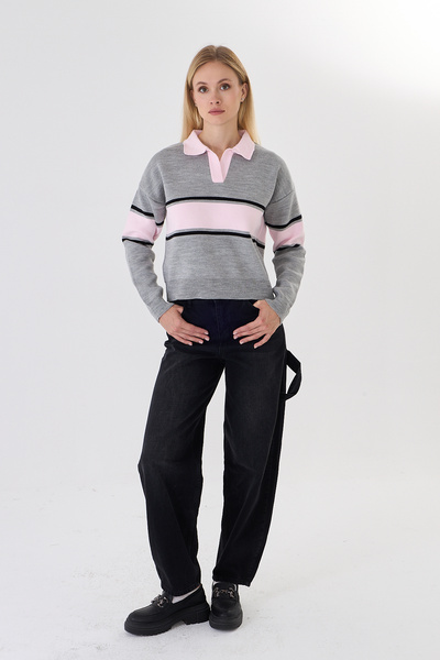 SEVİM TRİKO Women's Polo Neck Striped Oversize Knitwear Sweater