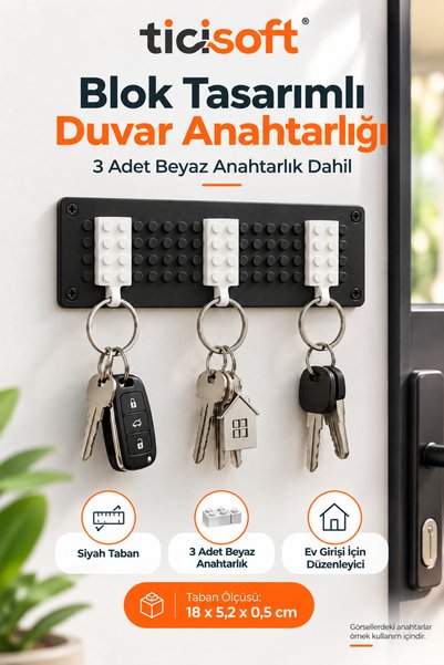 Ticisoft Blok Tasarımlı Duvar Anahtarlığı 3 Renkli Anahtarlık Dahil Beyaz Tab...