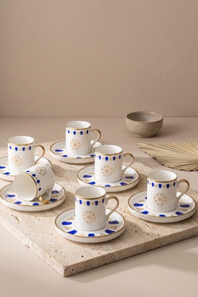 RUBİ PORSELEN Acem Blue Porcelain Turkish Coffee Cup Set for 6 People